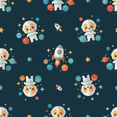 Cute astronaut dogs and planets in a seamless space pattern Whimsical background for kids designs
