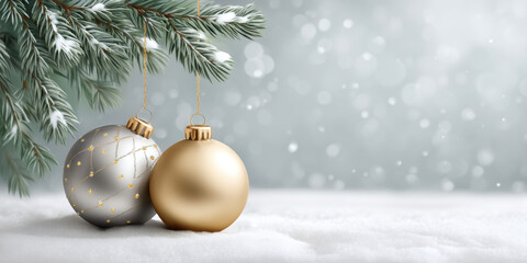 Gold ornament silver ornament snow pine branch festive winter holiday scene with frosty bokeh