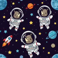 Cute cartoon rhinos as astronauts exploring space with planets stars and rockets Fun design