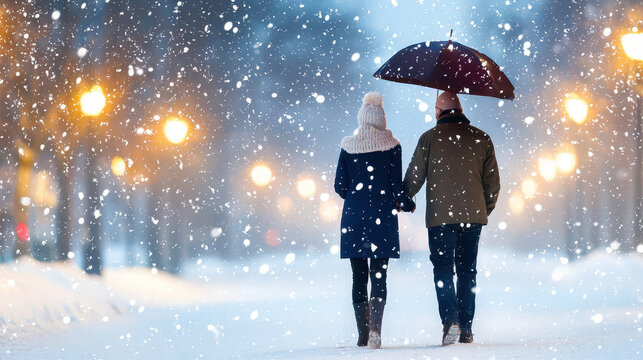 Couple walking hand in hand under umbrella in snowy landscape, surrounded by glowing street lamps, evokes romantic winter atmosphere
