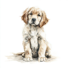 Watercolor puppy sitting calmly with floppy ears and soft brown cream fur, minimal brushwork on white background, printable nursery design
