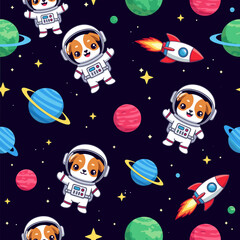 Playful dog astronauts rockets and colorful planets in a fun space exploration pattern