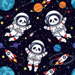 Adorable panda astronauts floating in space amidst planets stars and rockets