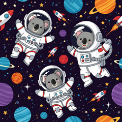 Adorable koala astronauts exploring a vibrant outer space with planets and rockets