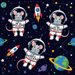 Cute astronaut mice explore space with rockets and planets Fun educational and adventurous cartoon illustration