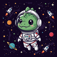 Cute dinosaur astronaut joyfully floats in starry space with rockets and colorful planets Childlike wonder