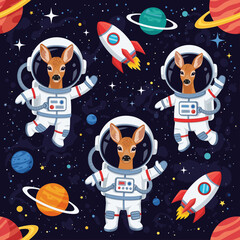 Adorable deer astronauts explore outer space surrounded by planets stars and rockets