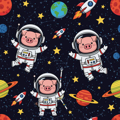Cute astronaut pigs floating in space among planets rockets and stars Fun cosmic adventure