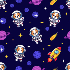 Cute astronaut dogs float in a playful space pattern with planets stars and a rocket Fun for kids
