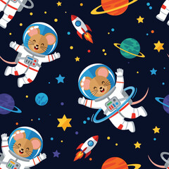 Cute cartoon mice astronauts happily float in space with planets rockets and stars Seamless