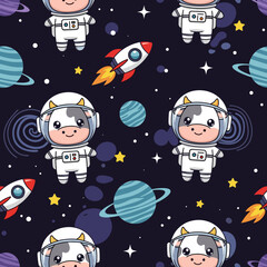 Cute cartoon astronaut cows in space pattern with planets and rockets for kids designs