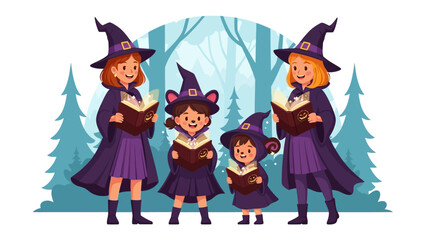 Young Witches Chanting Spells: A charming illustration of four young witches, adorned in elegant capes and pointy hats, immersed in a mystical scene, focused on their spell books. 