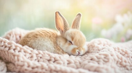 Obraz premium Baby rabbit is sleeping on a blanket. The blanket is pink and fuzzy. The rabbit is small and cute