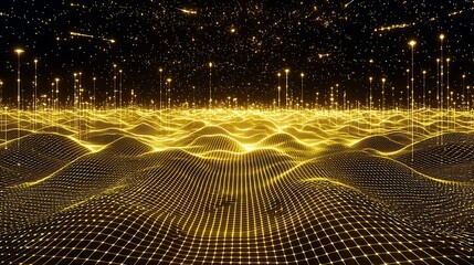 Abstract golden wave with shining particles photographed on DSLR, 24mm wide angle, sharp detail on glowing abstract flow