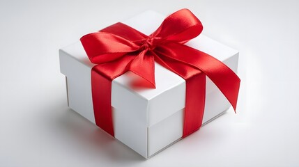 Elegant white gift box with a vibrant red ribbon bow