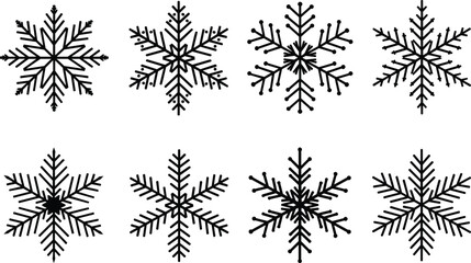 Snowflake icon set, black symmetrical winter designs, festive holiday decoration elements, geometric Christmas symbols, seasonal vector illustration, white background
