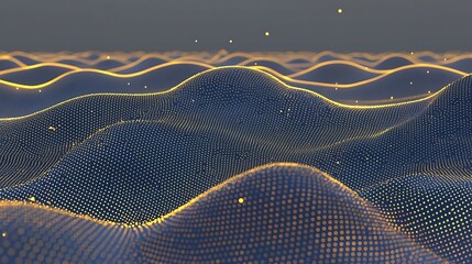 Abstract golden wave with shining particles photographed on DSLR, 24mm wide angle, sharp detail on glowing abstract flow