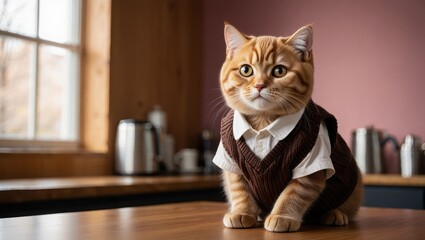 Curious Ginger Tabby Cat Sitting On Wooden Table In Cozy Kitchen Setting