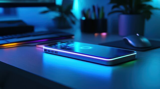 Stylish graphene power bank with futuristic design, glowing holographic charge indicators, set on a modern desk