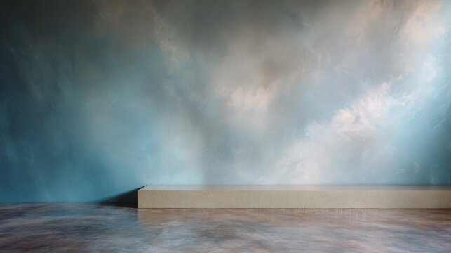 Minimalist Podium Presentation: a stylish podium situated on a smooth, reflective floor against a textured background of soft clouds and sky-like hues. it exudes serenity and openness.