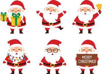 Santa Claus cartoon set, festive character poses, Christmas illustrations, holiday cheer artwork, seasonal icon design, gift, bell, lights