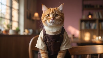 Adorable Ginger Tabby Cat Sitting Upright On Wooden Chair In Cozy Indoor Setting