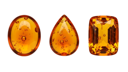 Three amber-colored gemstones, oval, teardrop, and rectangular, with bubbles