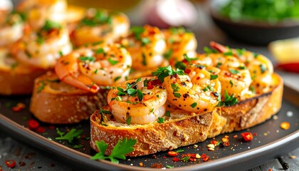 Close-up shot of shrimp appetizers on toasted bread, garnished with parsley. Served on a black plate, ready to be enjoyed