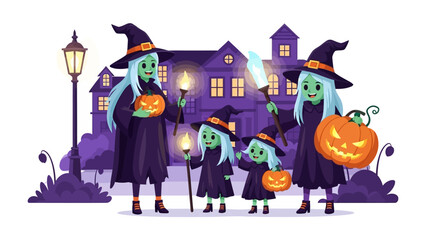 Spooky Halloween Witches: An Illustration captures a family of whimsical witches. Their spooky costumes, and jack-o'-lanterns, set against a haunting night sky and mysterious mansion.