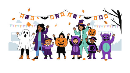 Halloween Celebration: Delightful group in festive costumes, celebrating Halloween in a whimsical setting, surrounded by playful decorations and autumnal charm.