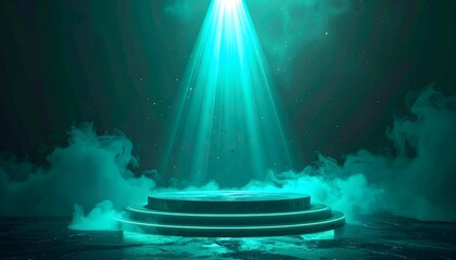 Teal-lit circular pedestal on smoky stage