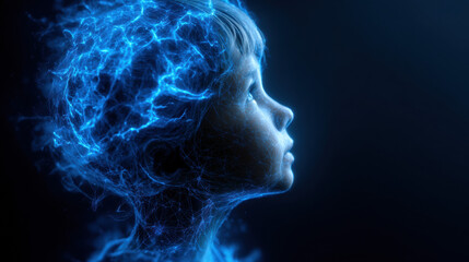 Child profile with glowing blue neural network brain, symbolizing AI, cognition, and thought processes