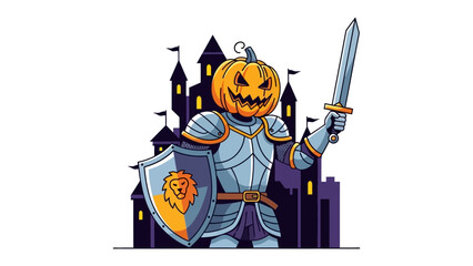 Spooky Knight: A brave knight, bearing the head of a carved jack-o'-lantern and a shining sword, stands ready against a backdrop of a towering castle.