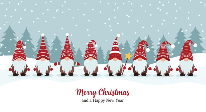 Charming Christmas gnomes celebrate winter holidays in snowy forest scene, perfect for festive greetings and seasonal designs