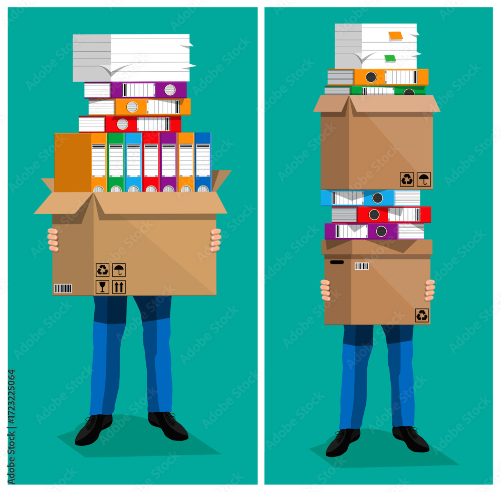 Poster man trying to move a lot of office paper documents in a box. huge stacks of paper, files, and folder