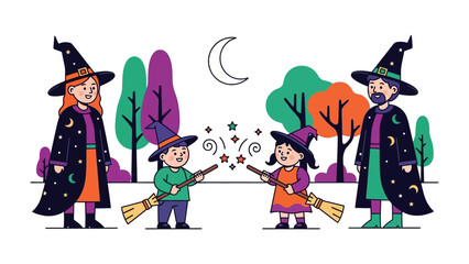 Enchanting Halloween Family: A magical Halloween scene, a cartoon family casts spells with wands. Amidst a whimsical outdoor setting.