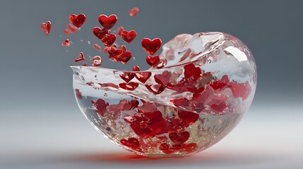 A shattered glass heart releasing a flurry of smaller red hearts