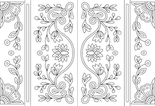 Floral Door Border Ornament Vector, Decorative Frame Carving Design EPS, Botanical Architectural Pattern