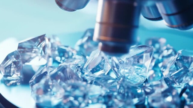 Close-up of a microscope examining clear crystals and gemstones.
