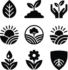 Eco Nature Vector Icons  Minimalist Organic Farming, Green Energy, Sustainability, Environment, Agriculture, Plant Growth Symbols for Branding, Web, and Print