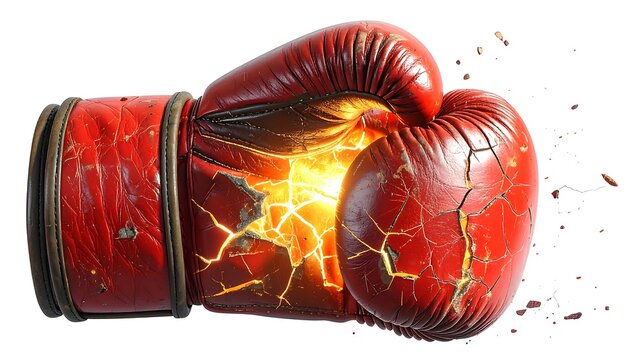 A fiery, cracked red boxing glove appears to punch forward, revealing bright energy and fragments against a white backdrop - Powered by Adobe