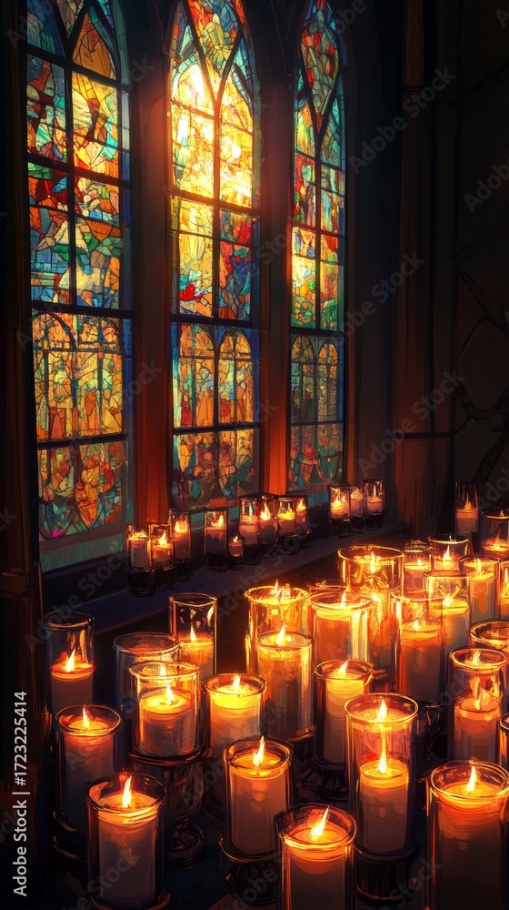 Poster window with stained glass and candles lit in it. the candles are lit in a way that they are not all 