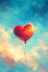 Obraz premium Red heart is floating in the sky with a red balloon. The painting has a dreamy, romantic mood