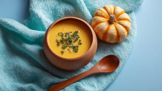 Creamy pumpkin soup in wooden bowl with thyme garnish and small pumpkin on blue background - Powered by Adobe