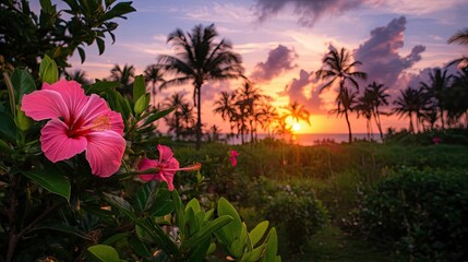 A vibrant pink hibiscus flower blossoms near a lush tropical landscape at sunrise, showcasing a beautiful tropical morning.