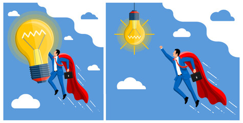 Two illustrations of a flying businessman superhero with an idea light bulb. Innovation and business success concept for motivation. © absent84
