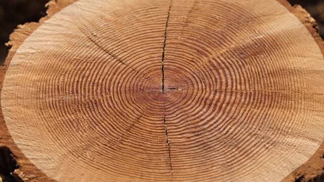 Wood log section showing distinct growth rings and a central crack