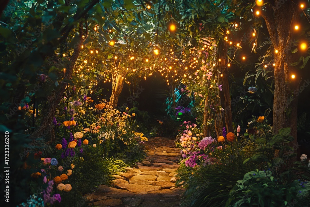 Poster a walkway in a forest with a path of flowers and trees lit up with lights. scene is peaceful and ser