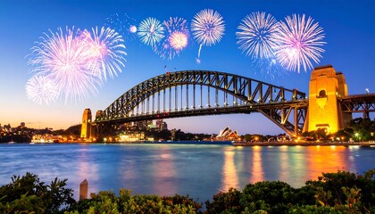 Fototapeta premium Fireworks over Sydney Bridge at dusk