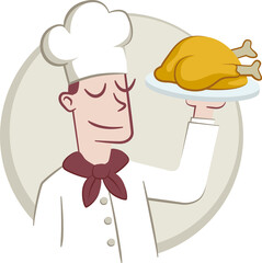 Chef holding a tray with a roasted chicken. Illustration of a young chef holding a tray with a delicious roasted chicken.